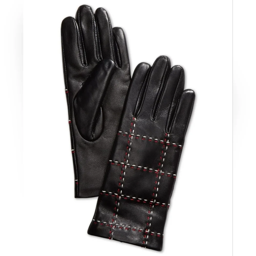 Charter Club‎ Genuine Leather Touchscreen Gloves Black Plaid Stitch Size S